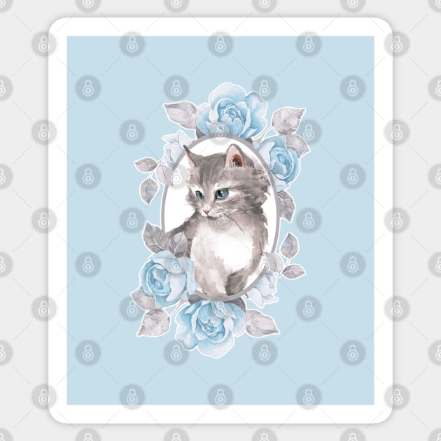 Kitten with blue roses Sticker by Gribanessa